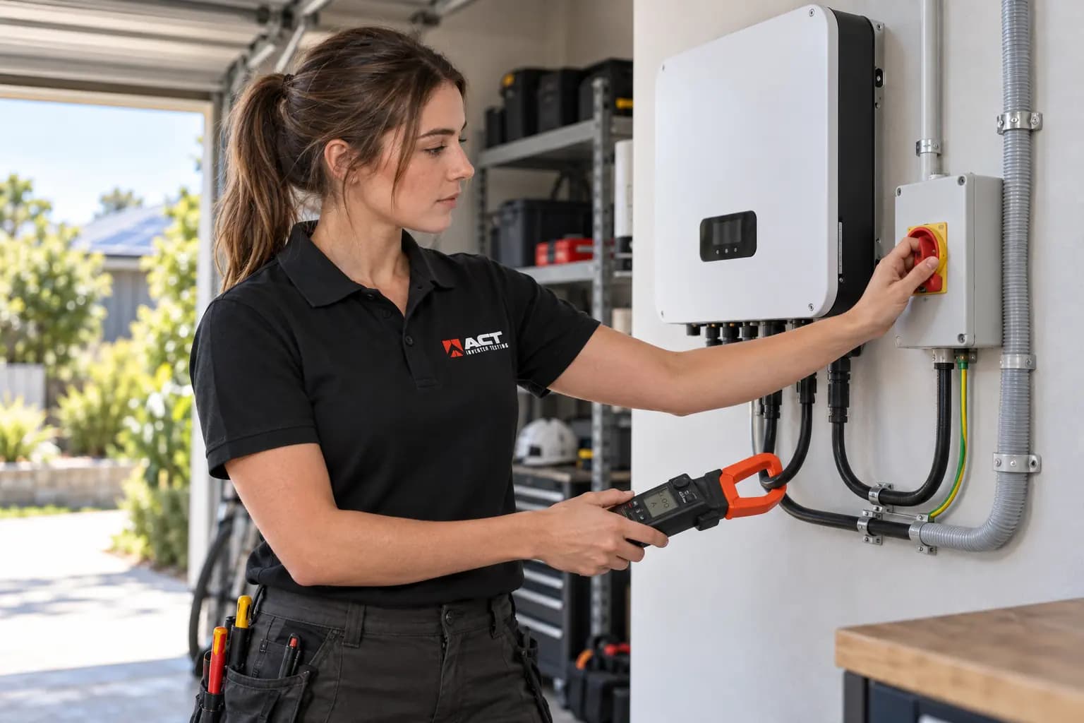 An electrician checking a solar inverter isolator while the clamp meter on its AC cable reads 0.00 A.