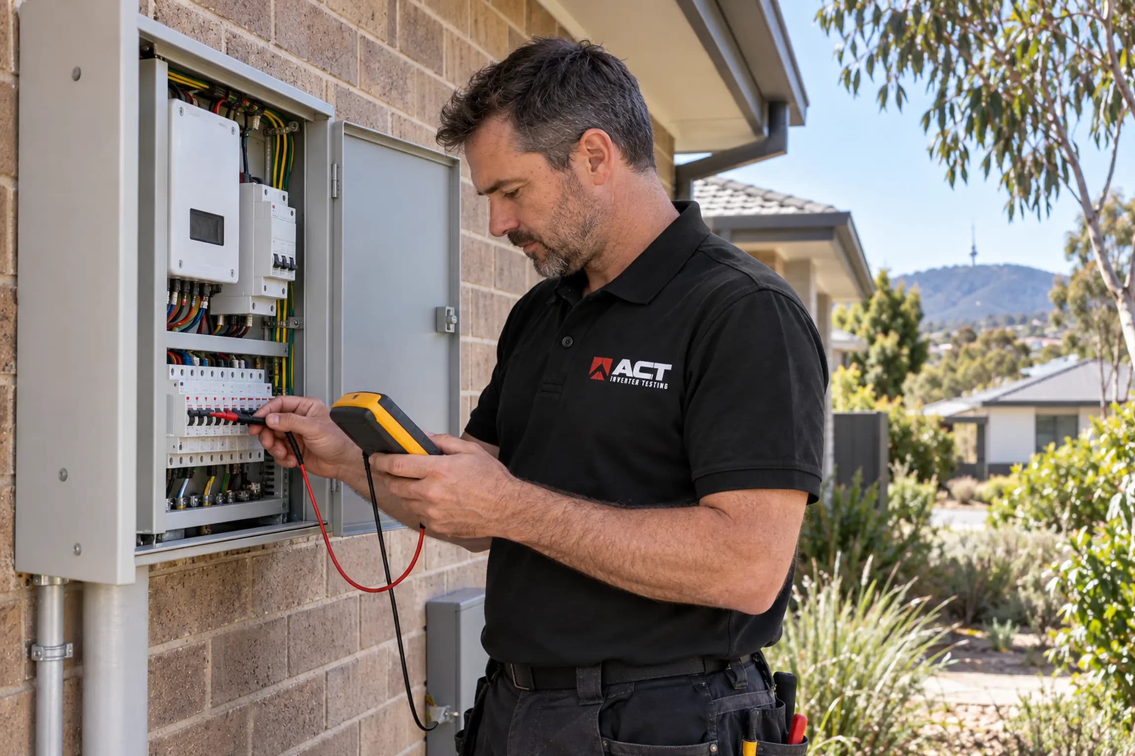 An electrician taking a reading at a residential switchboard.