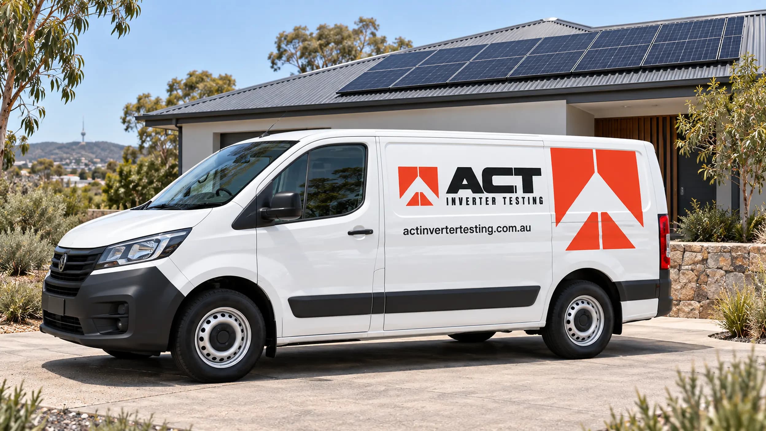 A van with the ACT Inverter Testing logo parked in the driveway of a Canberra home with rooftop solar.