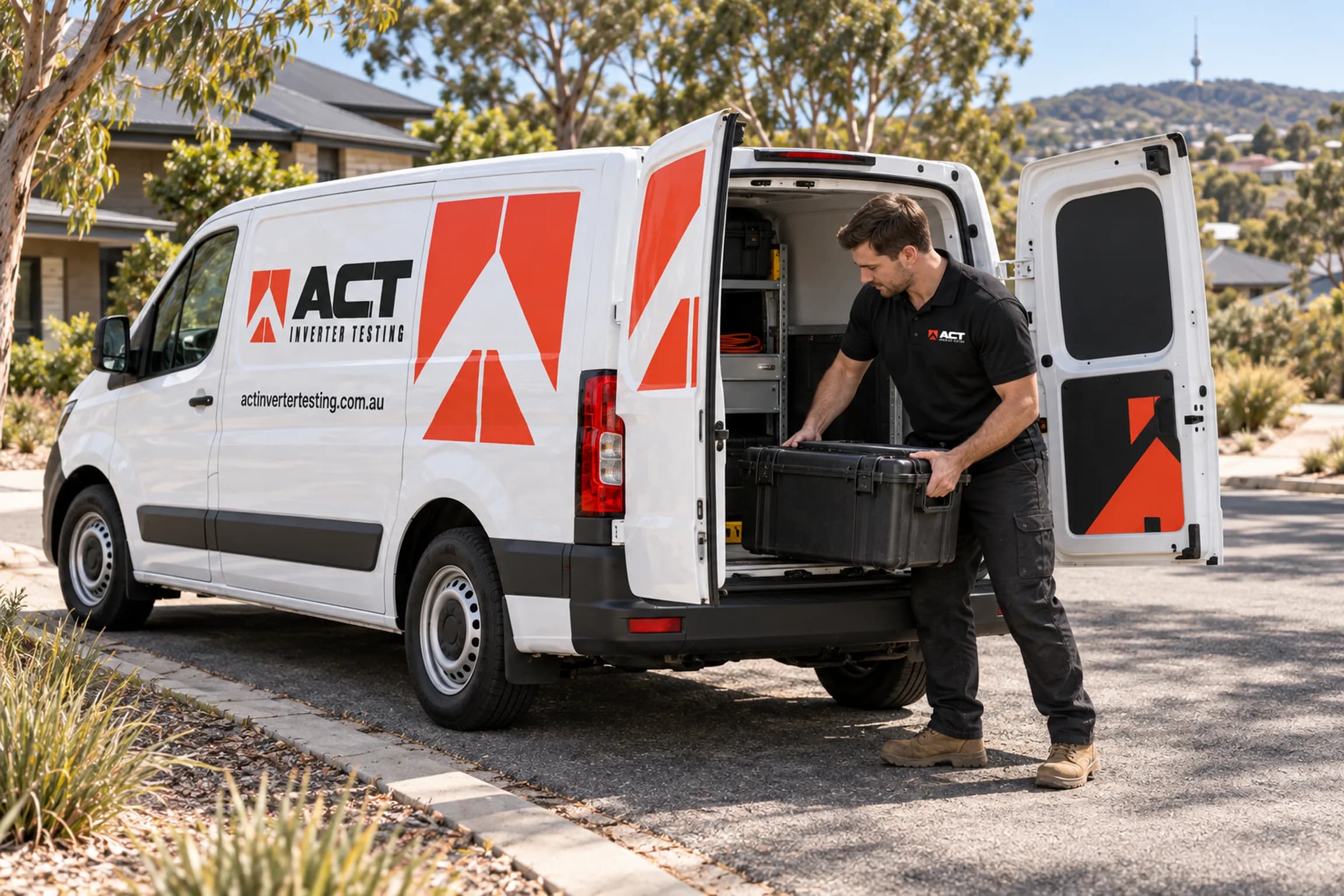 An electrician lifting an equipment case from the back of a van with the ACT Inverter Testing logo, on a Canberra street.
