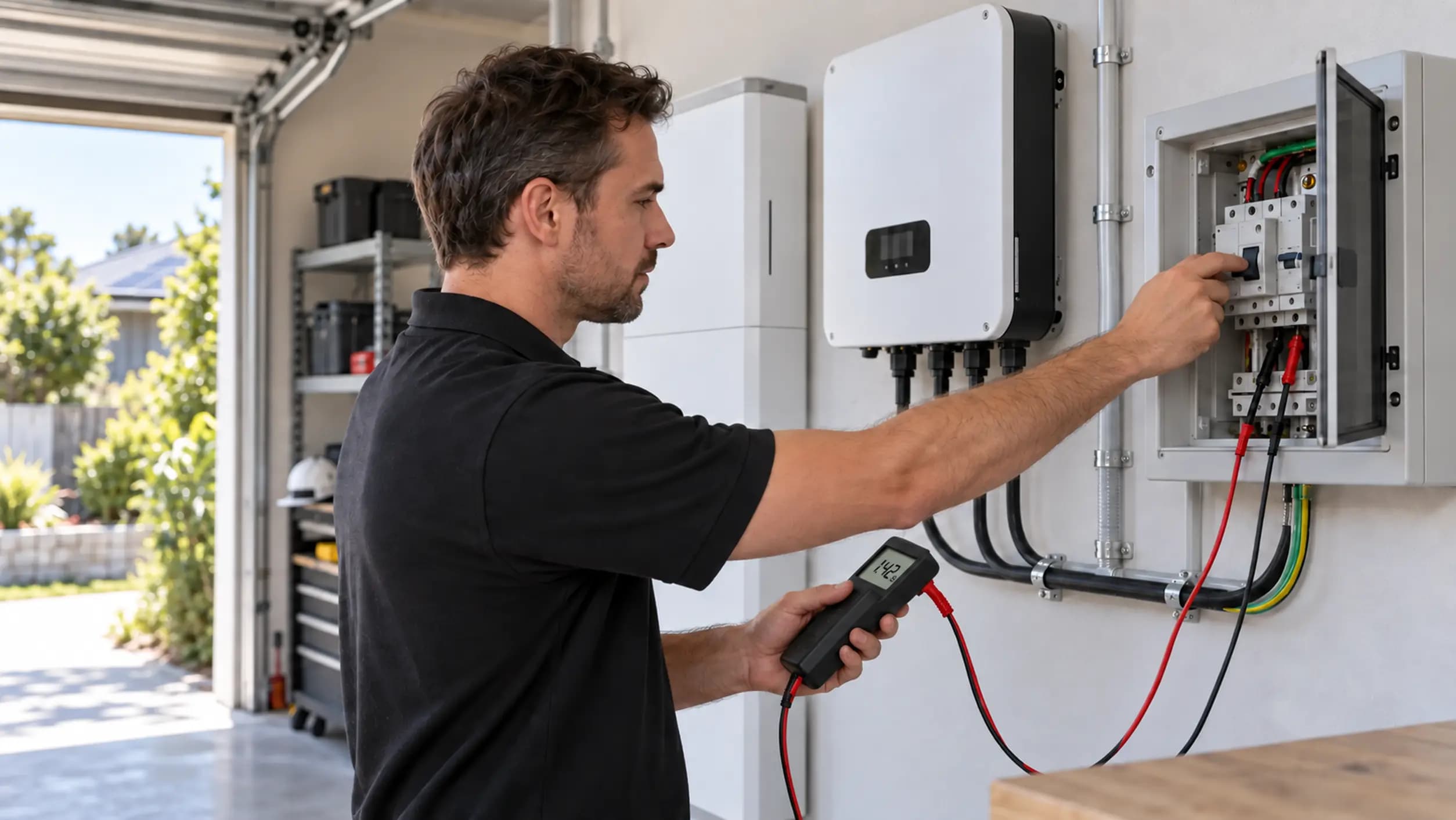 An electrician switching off the backup main switch beside a home battery and inverter, a timing instrument in his other hand reading 1.42 seconds.