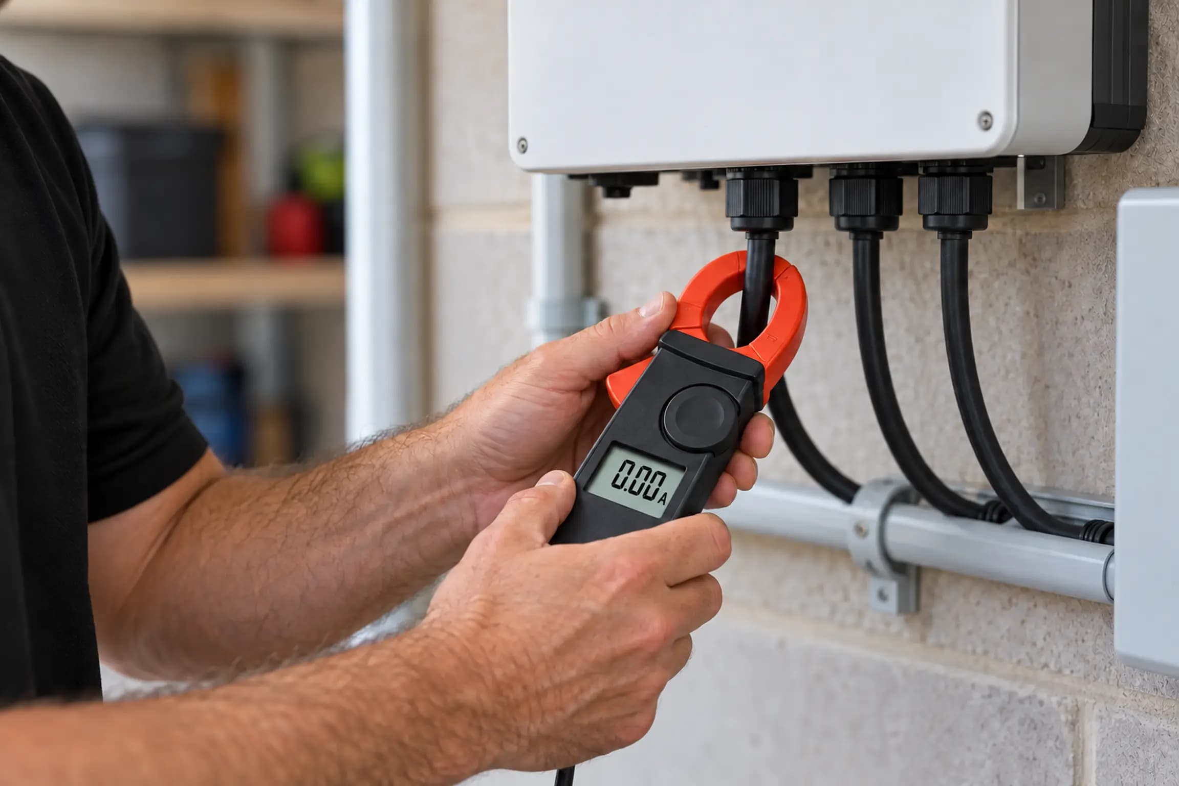 A clamp meter around the AC cable below a wall-mounted inverter, reading 0.00 A.