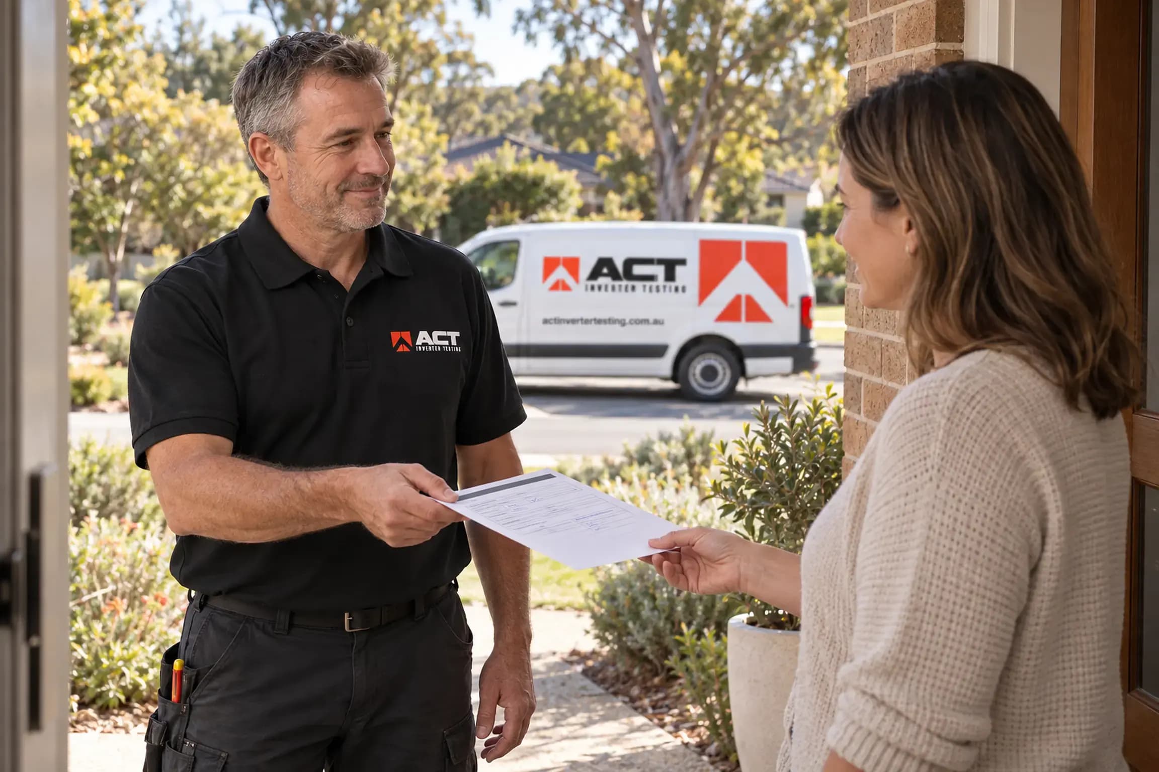 An electrician handing a homeowner the completed declaration at the front door.