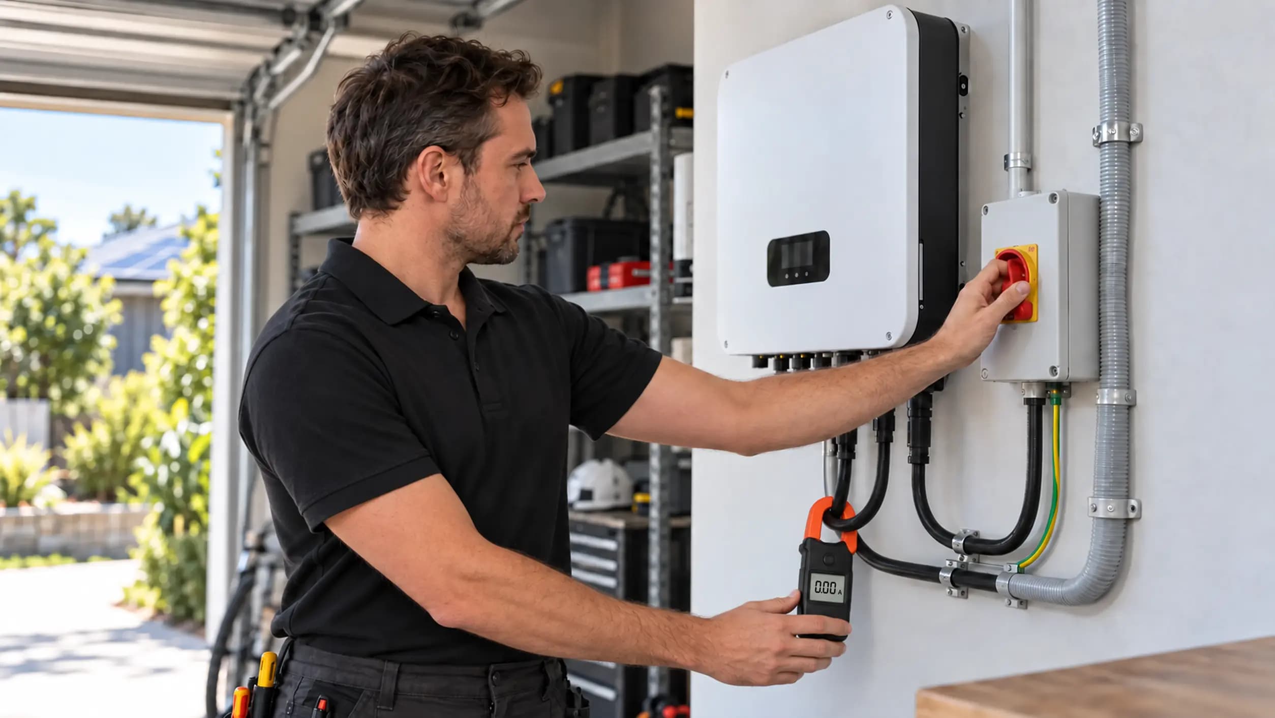 An electrician turning an inverter's isolator back on, a clamp meter hanging from its AC cable reading 0.00 A.